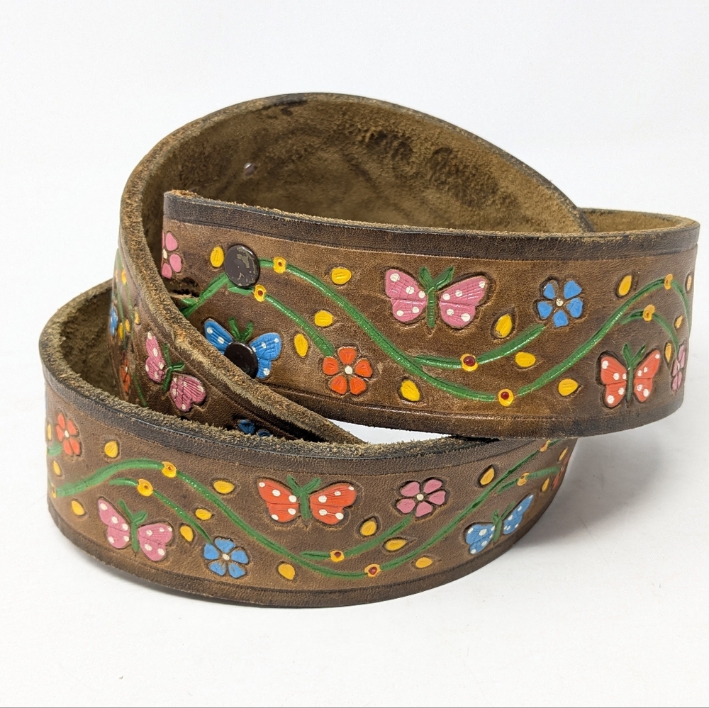 HIPPIE Cowgirl Belt TOOLED Leather 34 36 FLORAL boho WESTERN Butterflies Flowers